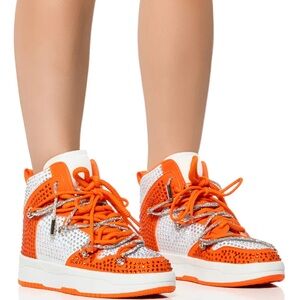 NWT. Azalea Wang Vibrant Orange/White/Silver Embellished Sneakers.
